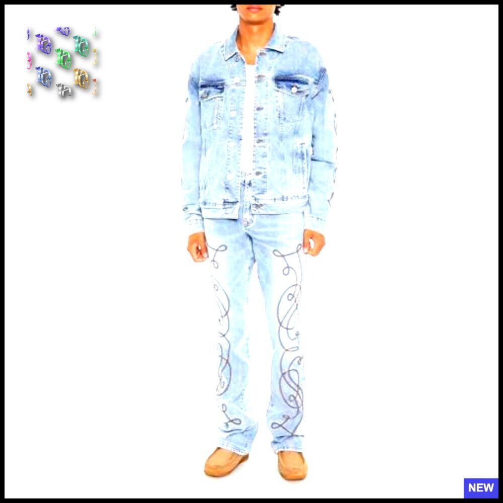 Embroidered Denim Trucker Jacket Stretch Retro Western Aviator Style - Picture 2 of 6